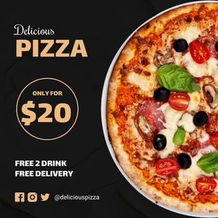 Free  Template: Banner Instagram nero semplice minimalista per pizza deliziosa