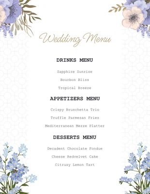 Free  Template: Menu Mariage floral moderne blanc