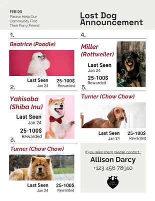 Free  Template: Cartaz de anúncio de cão perdido na comunidade em branco e bege