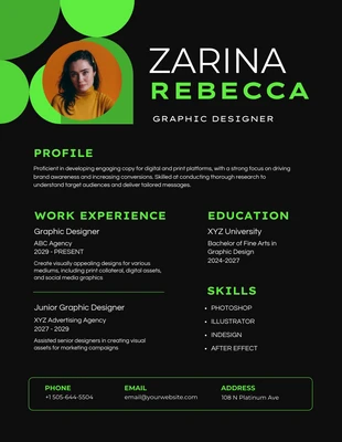 Free  Template: Currículum Académico de Diseñador Gráfico Negro y Verde