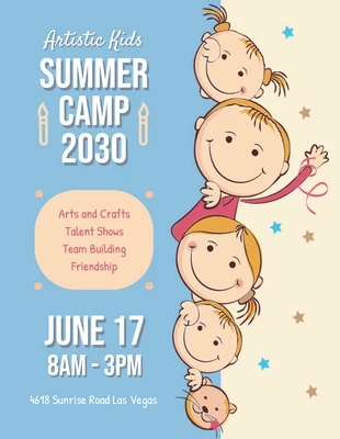 premium  Template: Poster Crianças do acampamento de verão com ilustração brincalhona amarela e azul clara