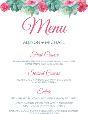 Free  Template: Menú de boda sencillo y floral