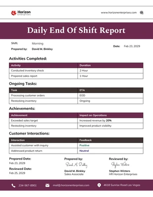 Free  Template: Modello di report giornaliero di fine turno