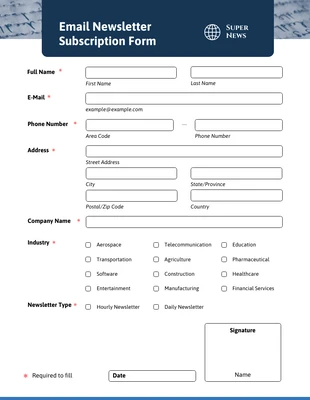 business  Template: Formulaire d'abonnement simple à la marine
