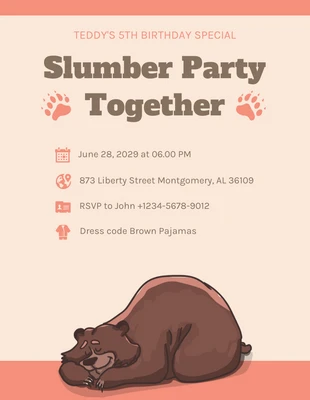 Free  Template: Beige et orange Illustration ludique SImple ours mignon Invitation à une soirée pyjama