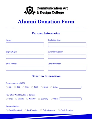Free interactive Template: Modulo di donazione per ex studenti pulito e minimalista, bianco e blu
