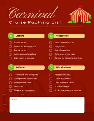 Free interactive Template: Liste des bagages pour la croisière Carnival rouge et jaune