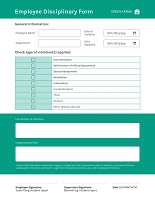 Free interactive Template: Formulários disciplinares para funcionários