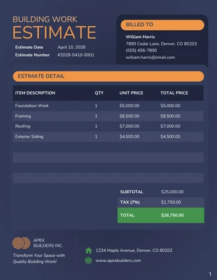 Free  Template: Modelo de estimativa de obra de construção