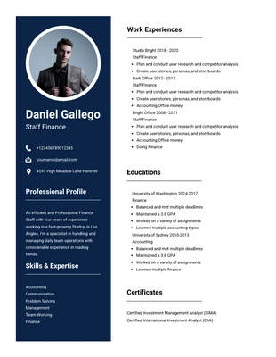 Free  Template: Currículum de finanzas profesional minimalista blanco y azul marino