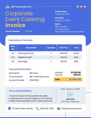 business  Template: Facture de restauration pour événements d'entreprise