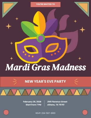Free  Template: Invitation Mardi Gras pourpre rouge rétro doux