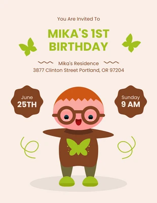 Free  Template: Invitación de cumpleaños de mariposa con ilustración simple beige