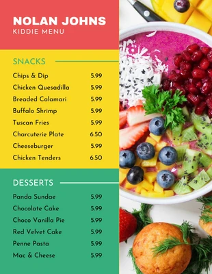 Free  Template: Menu Enfants Coloré Rouge Jaune Et Vert