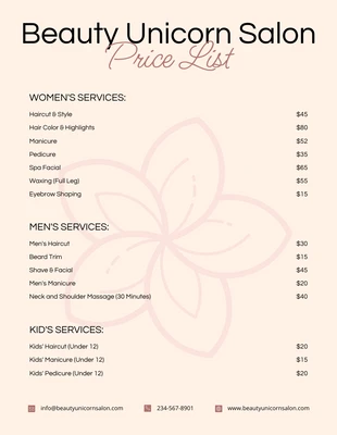 premium  Template: قوائم أسعار صالون التجميل Elegance Minimalist Peach