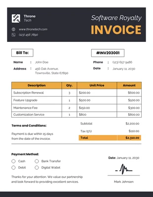 business  Template: Facture de redevances logicielles