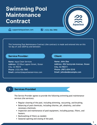 Free  Template: Modèle de contrat d'entretien de piscine