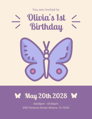Free  Template: Invitación del cumpleaños de la mariposa del ejemplo simple amarillo claro y púrpura