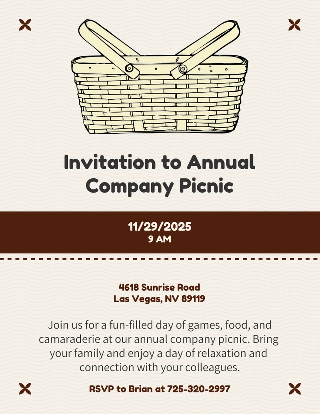 Beige et brun Invitation Minimaliste ludique à un pique-nique d'entreprise Invitation à un événement d'entreprise Template Beige et brun Modèle d'invitation pour un pique-nique d'entreprise minimaliste et ludique
