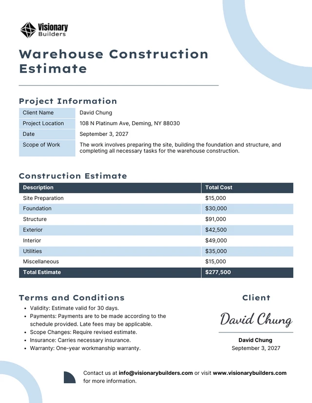 Warehouse Construction Estimate Template Warehouse Construction Estimate Template