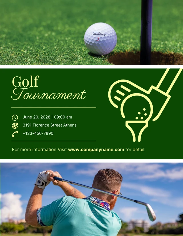 Plantilla de póster de torneo de golf con collage de fotos simple de color verde oscuro