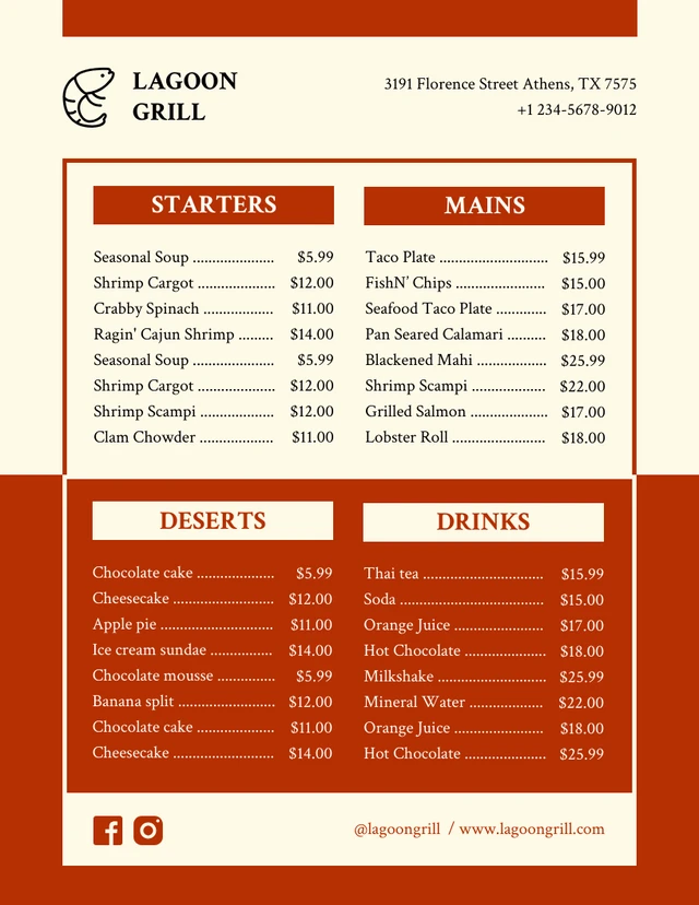 Menu minimalista de frutos do mar amarelo claro e laranja escuro Template Modelo de menu minimalista de frutos do mar amarelo claro e laranja escuro