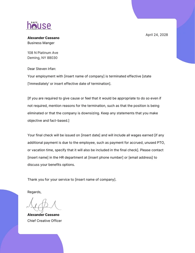 Carta de Rescisão Moderna Limpa Diversão Roxo Azul Template Modelo de Carta de Rescisão Moderno Limpo Divertido Roxo Azul