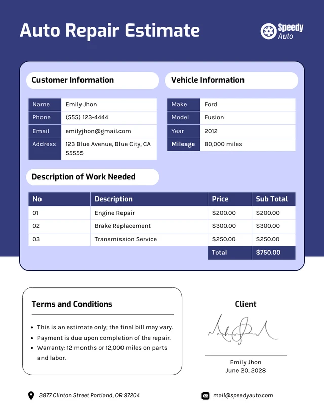 Auto Repair Estimate Template Auto Repair Estimate Template