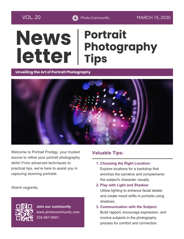 Newsletter di suggerimenti per la fotografia di ritratto Template Modello di newsletter per suggerimenti sulla fotografia di ritratto