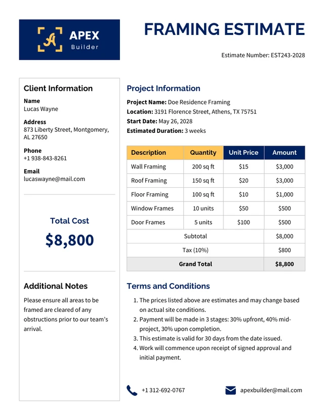 Framing Estimate Template Framing Estimate Template