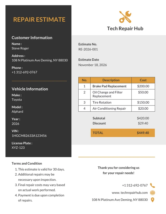 Car Repair Estimate Template Black And Orange Minimalist Repair Estimate Template