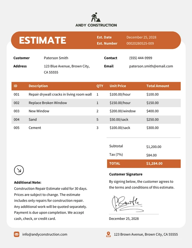 Construction Repair Estimate Template Construction Repair Estimate Template