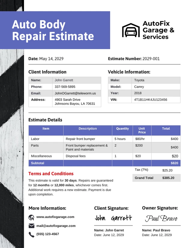 Modèle d'estimation de réparation de carrosserie automobile Template Modèle d'estimation de réparation de carrosserie automobile