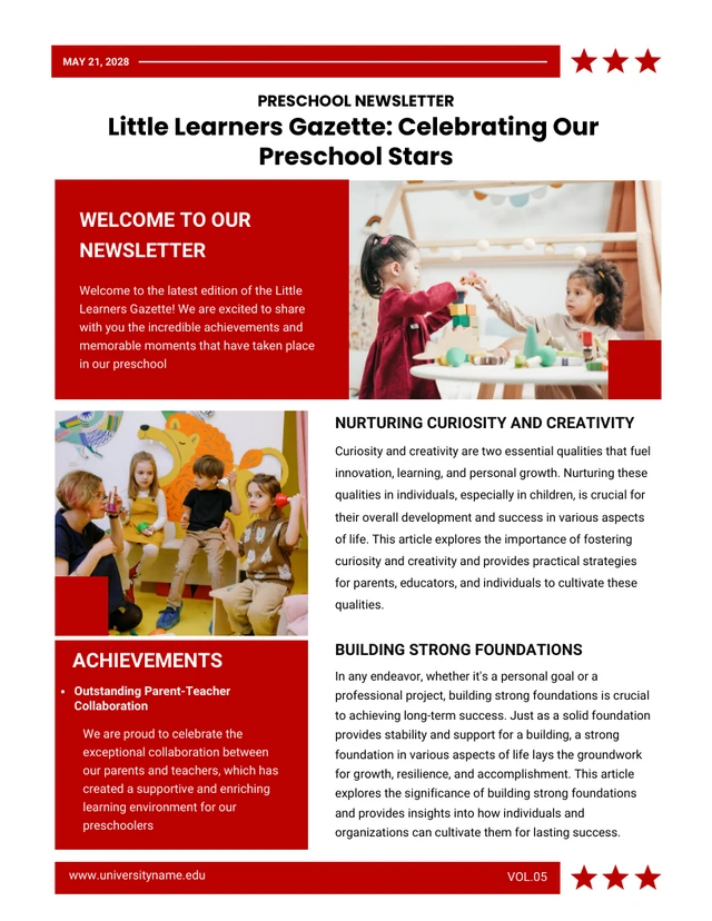 Newsletter prescolare in bianco e rosso per piccoli studenti Template Modello per newsletter prescolare rosso e bianco per piccoli studenti