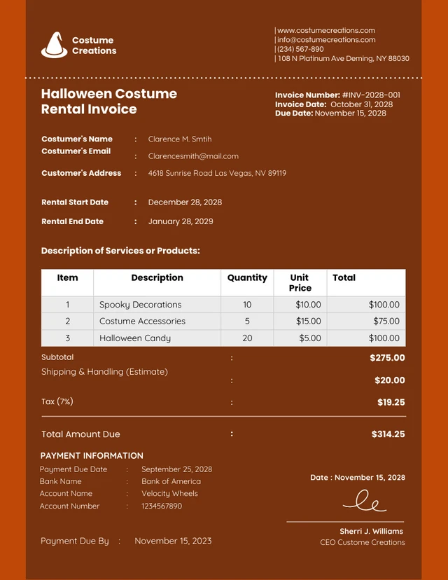 Modèle de facture de location de costumes propres et minimalistes marron