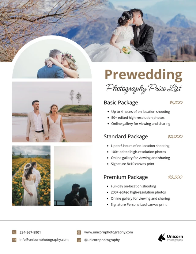 Lista de precios de fotógrafo elegante y minimalista antes de la boda Template Plantilla minimalista y elegante para lista de precios de fotógrafo previo a la boda