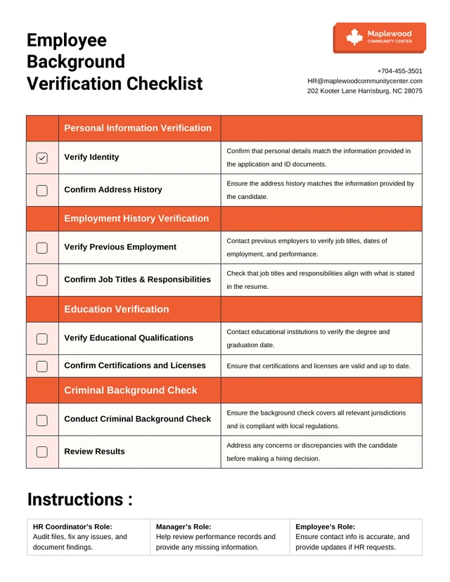 Employee Background Verification Checklist Template Employee Background Verification Checklist Template