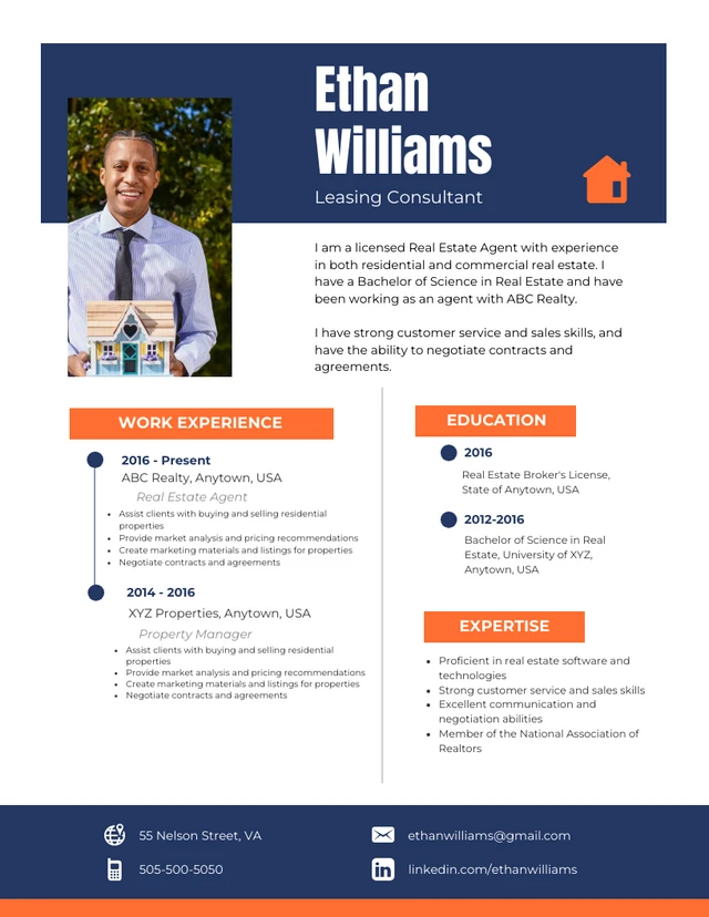 Azul y Naranja Currículum Profesional Inmobiliario Moderno Template Plantilla de currículum vitae profesional moderno azul y naranja para inmobiliarias