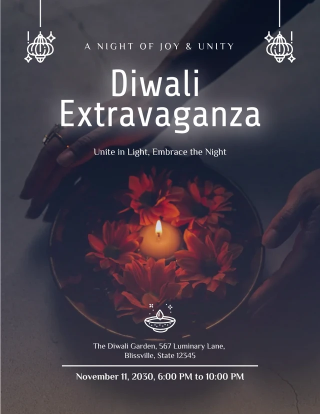 Poster Extravagância de Diwali com Foto Simples Escura Template Modelo de pôster de extravagância de Diwali com foto simples e escura