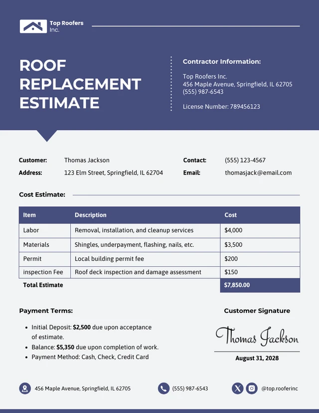 Roof Replacement Estimate Template Roof Replacement EstimateTemplate