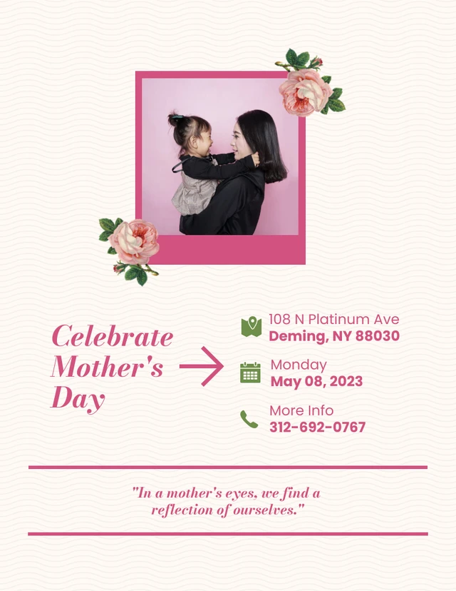 Volantino semplice per la festa della mamma in rosa e crema Template Modello di volantino per la festa della mamma semplice, color crema e rosa