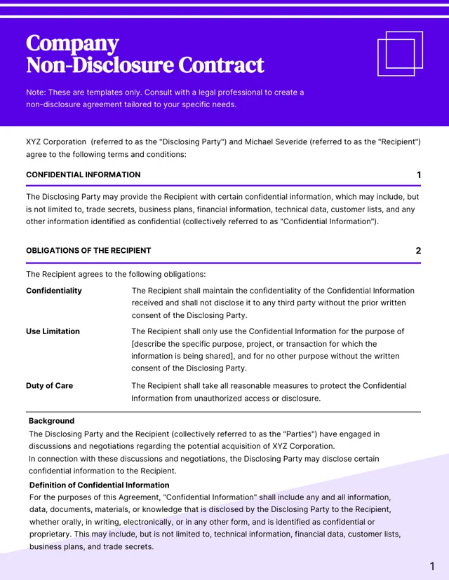 Indigo Company Non-Disclosure Agreement Contract - Seite 1