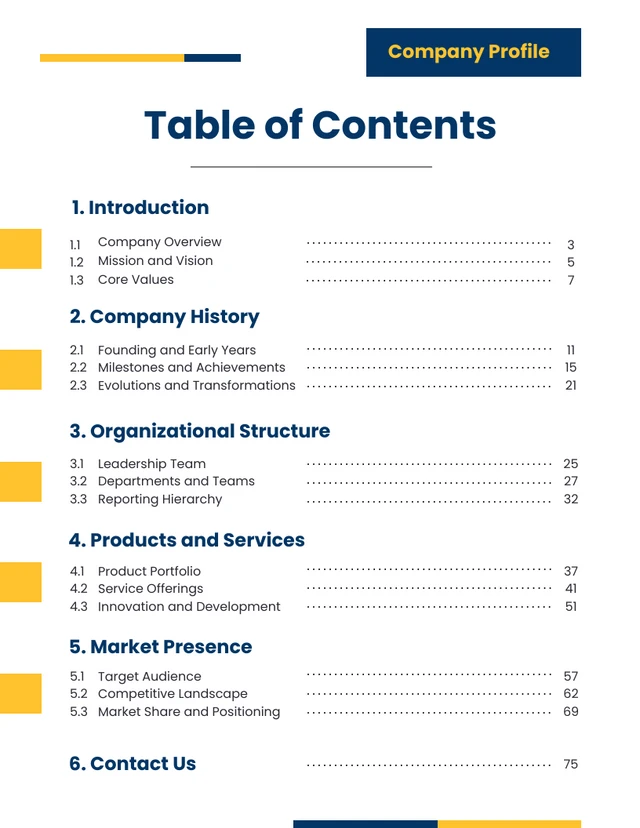 Company Profile Report Table of Contents Template Blue and Yellow Company Report Table of Contents Template