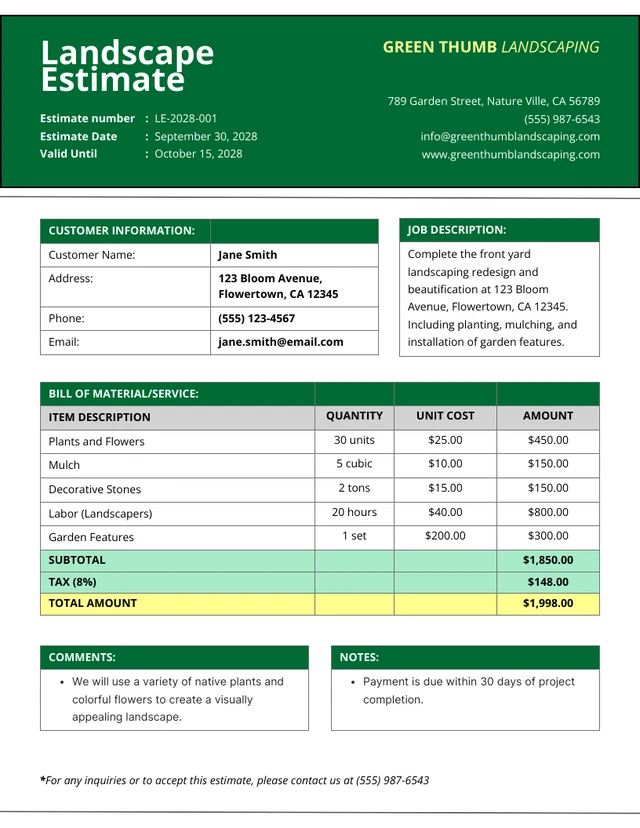 Modern Landscape Estimate Template Modern Clean Forest Green Landscape Estimate Template